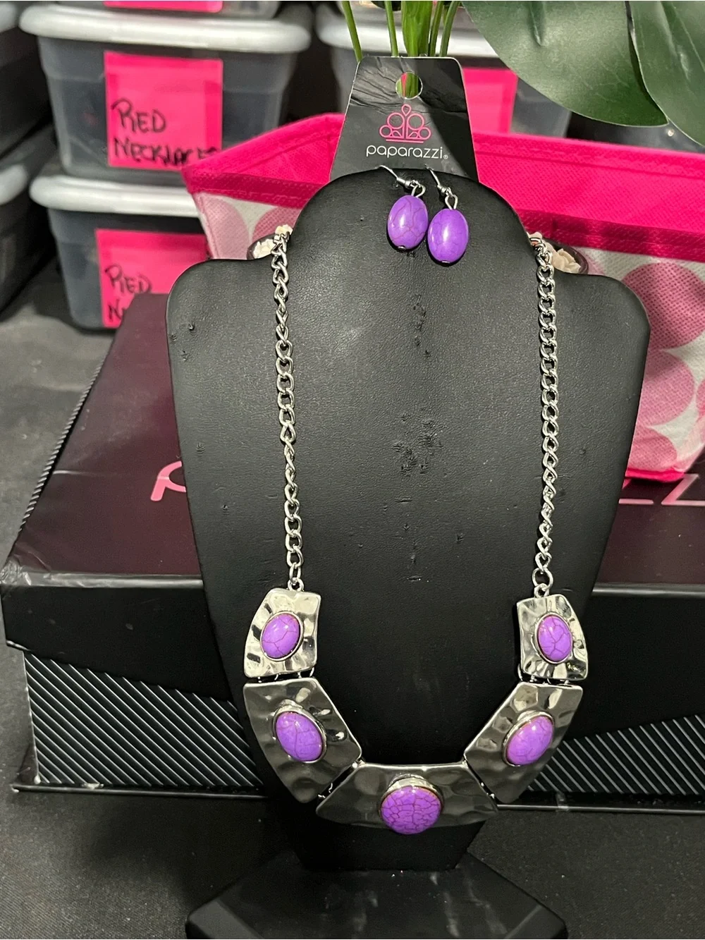 paparazzi Silver-Tone Necklace and Purple Stone Studs